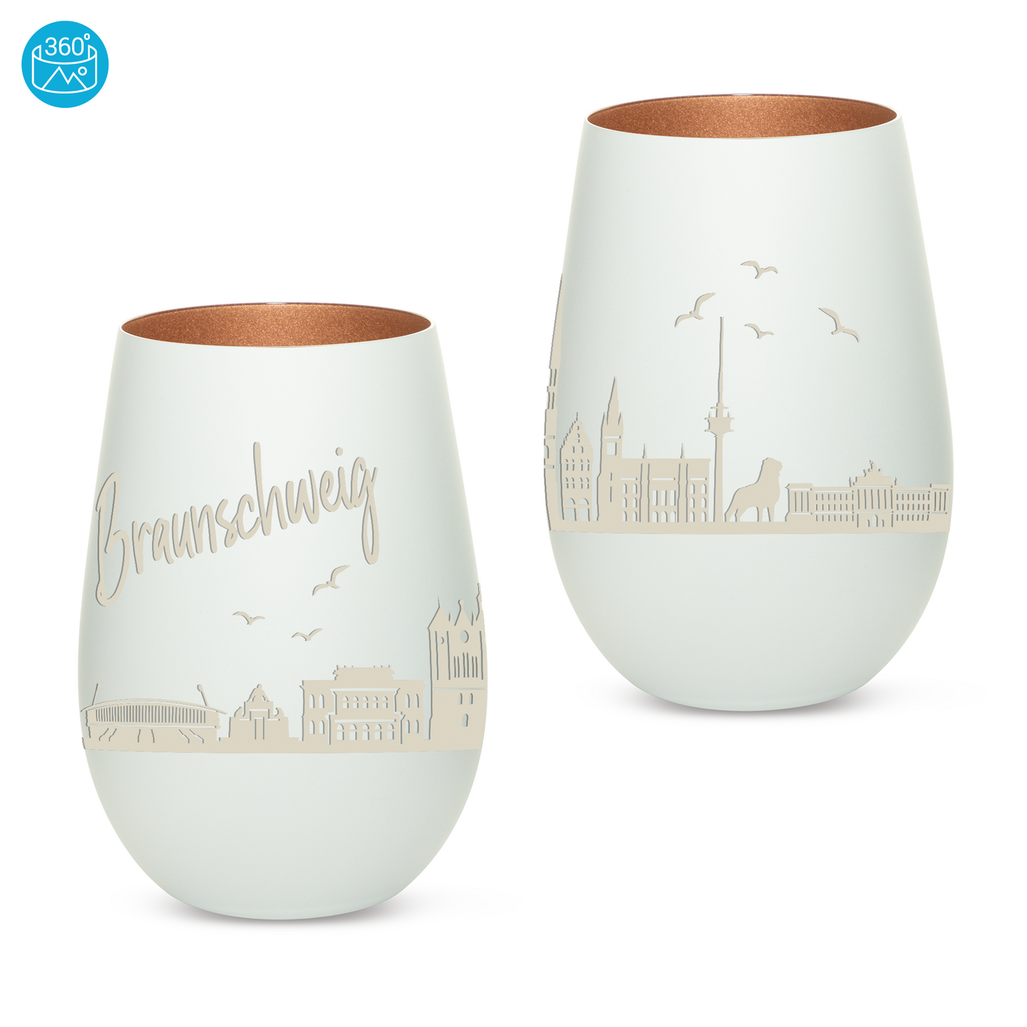 Hochwertiges Glas Windlicht mit Gravur "SKYLINE BRAUNSCHWEIG" in der Farbe Weiß/Bronze