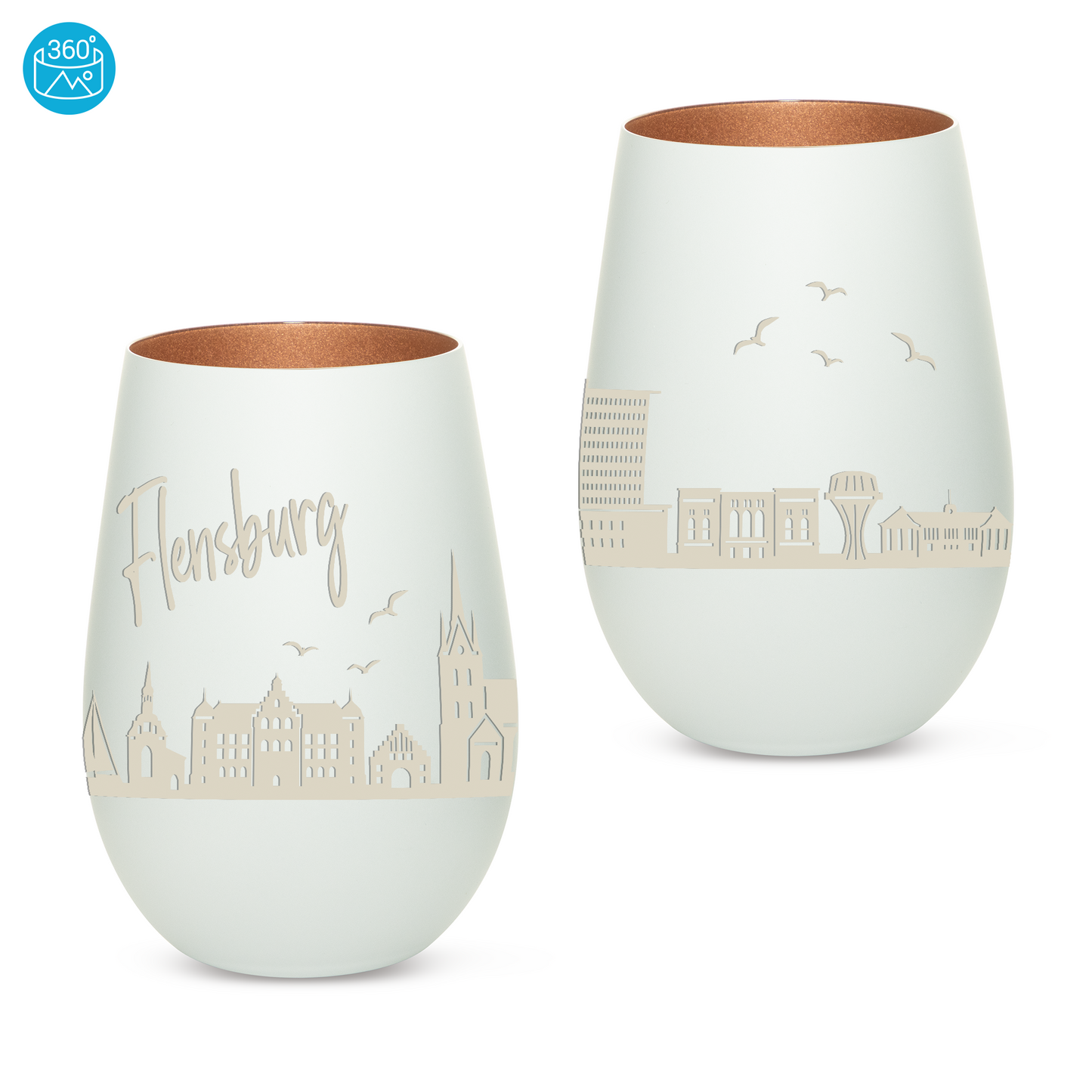 Hochwertiges Glas Windlicht mit Gravur "SKYLINE FLENSBURG" in der Farbe Weiß/Bronze