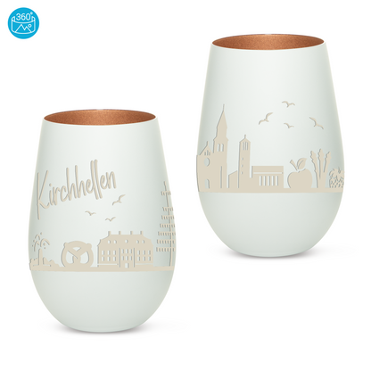 Hochwertiges Glas Windlicht mit Gravur "SKYLINE KIRCHHELLEN" in der Farbe Weiß/Bronze
