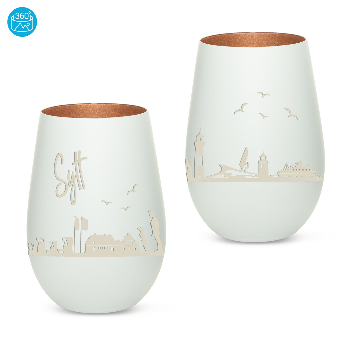 Hochwertiges Glas Windlicht mit Gravur "SKYLINE SYLT" in der Farbe Weiß/Bronze