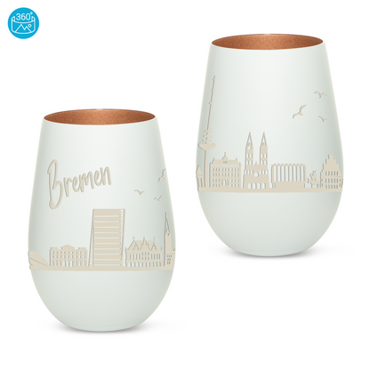 Hochwertiges Glas Windlicht mit Gravur "SKYLINE BREMEN" in der Farbe Weiß/Bronze