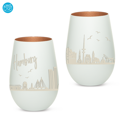 Hochwertiges Glas Windlicht mit Gravur "SKYLINE HAMBURG" in der Farbe Weiß/Bronze