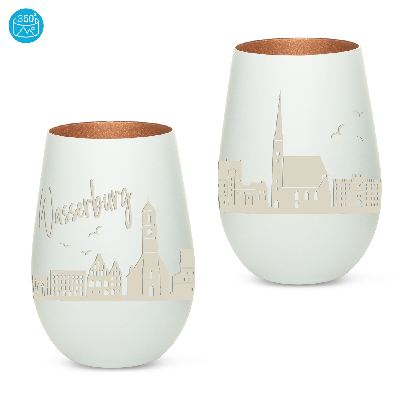 Hochwertiges Glas Windlicht mit Gravur "SKYLINE WASSERBURG" in der Farbe Weiß/Bronze