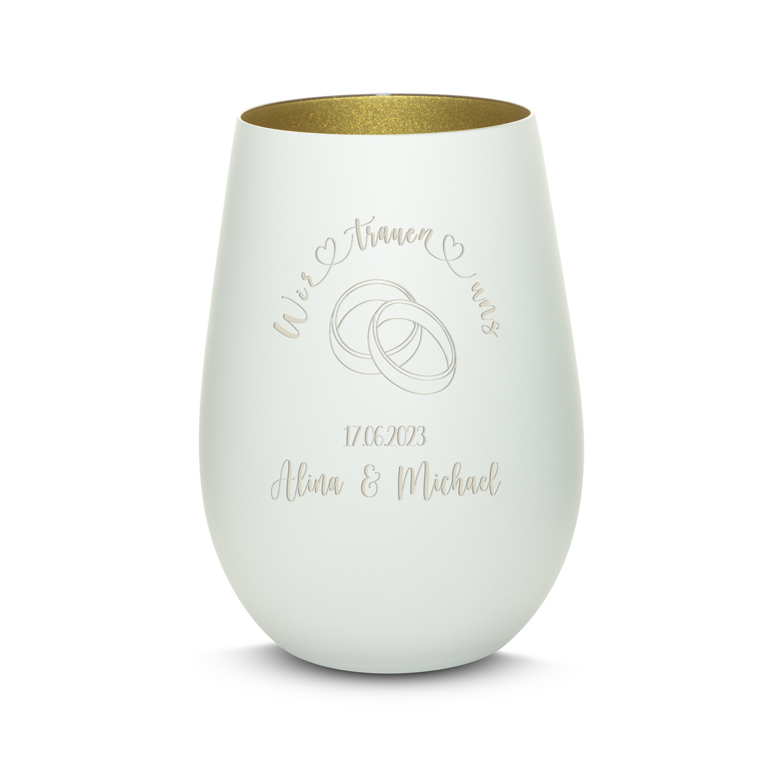 Windlicht mit Gravur aus Glas "WIR TRAUEN UNS" Motiv Hochzeitsringe mit Wunschname & Datum