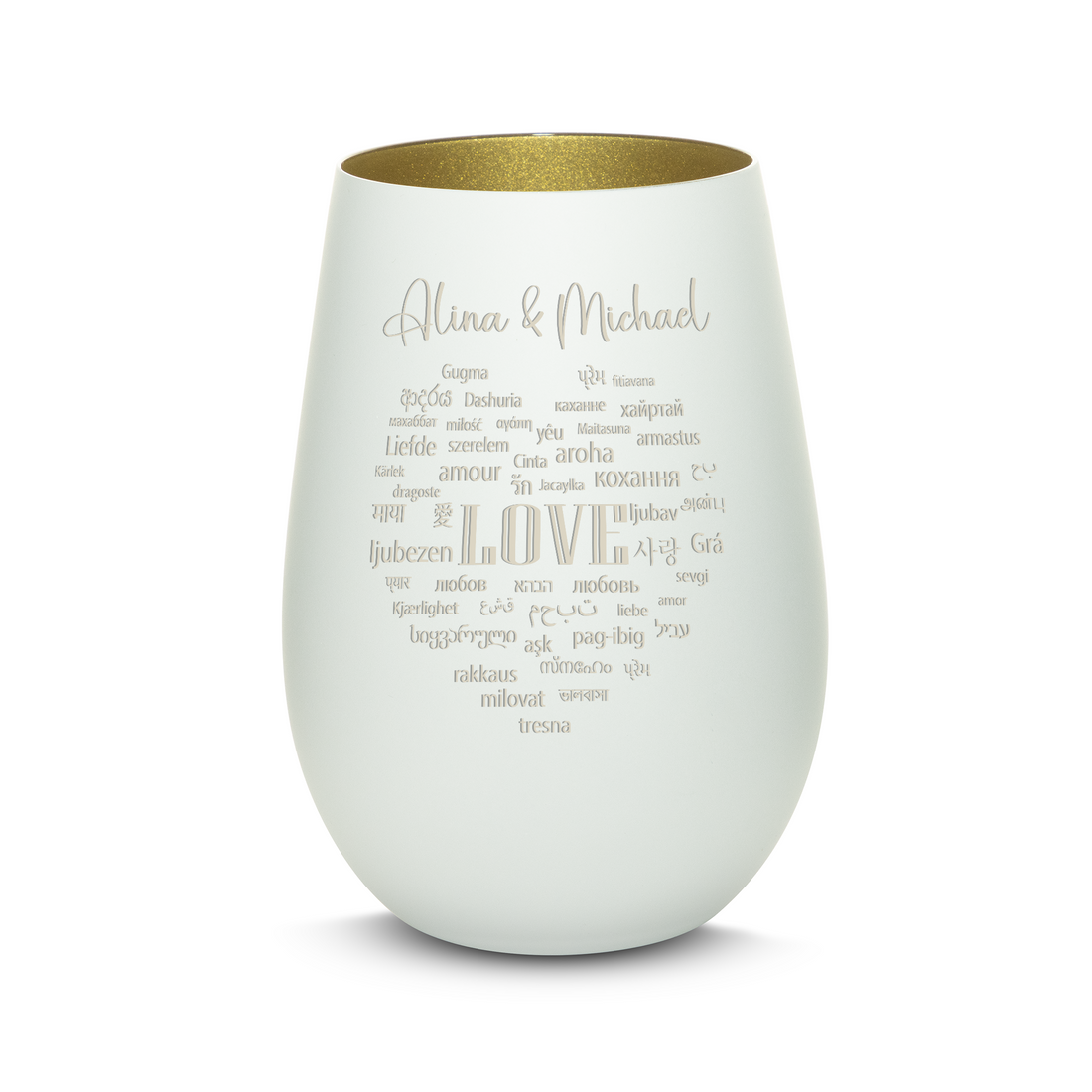 Windlicht mit Gravur aus Glas großes Herz "LIEBE IN ALLEN SPRACHEN" mit Wunschnamen