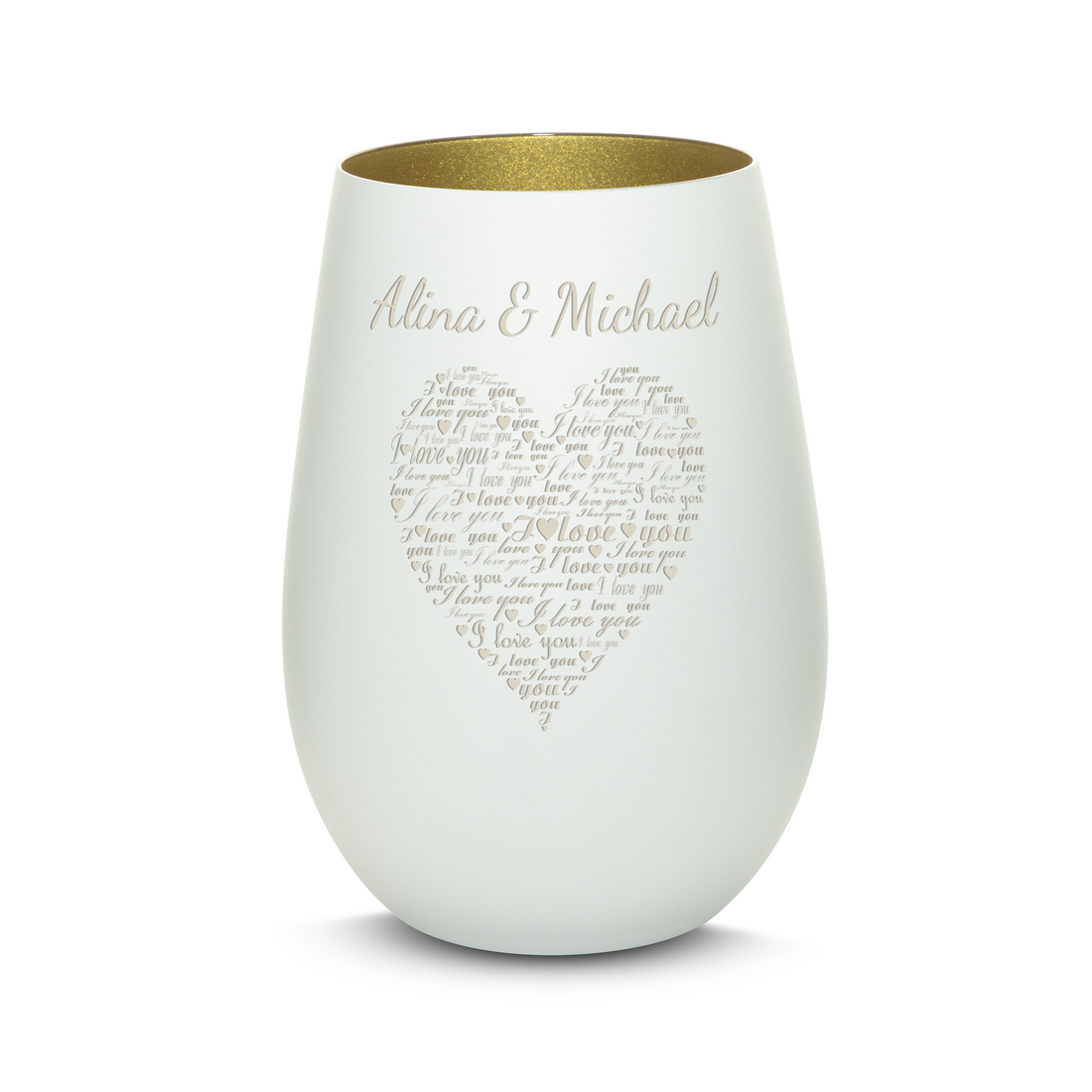 Windlicht mit Gravur aus Glas großes Herz "I LOVE YOU" mit Wunschnamen