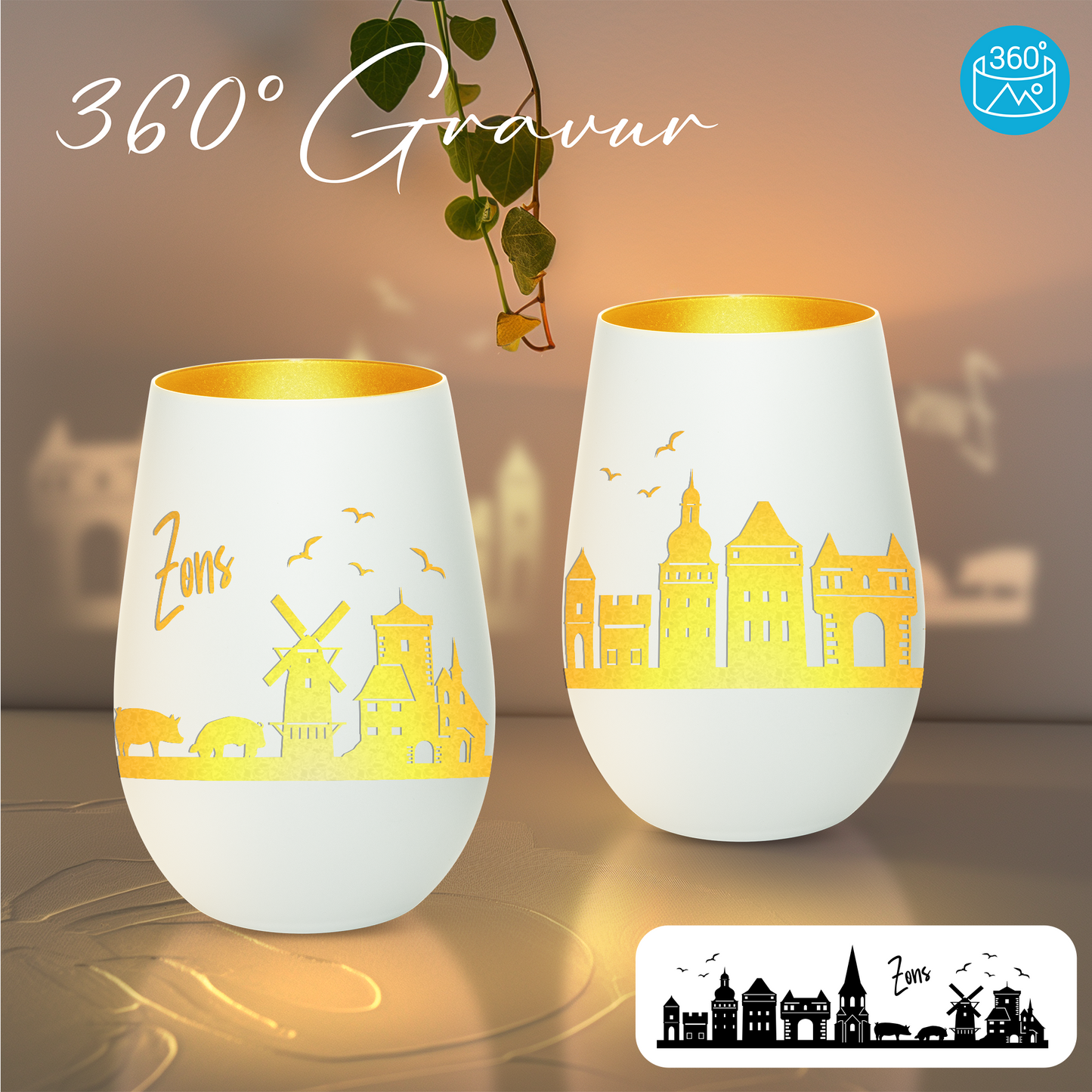 Hochwertiges Glas Windlicht mit Gravur "SKYLINE ZONS (DORMAGEN)" in der Farbe Weiß/Gold