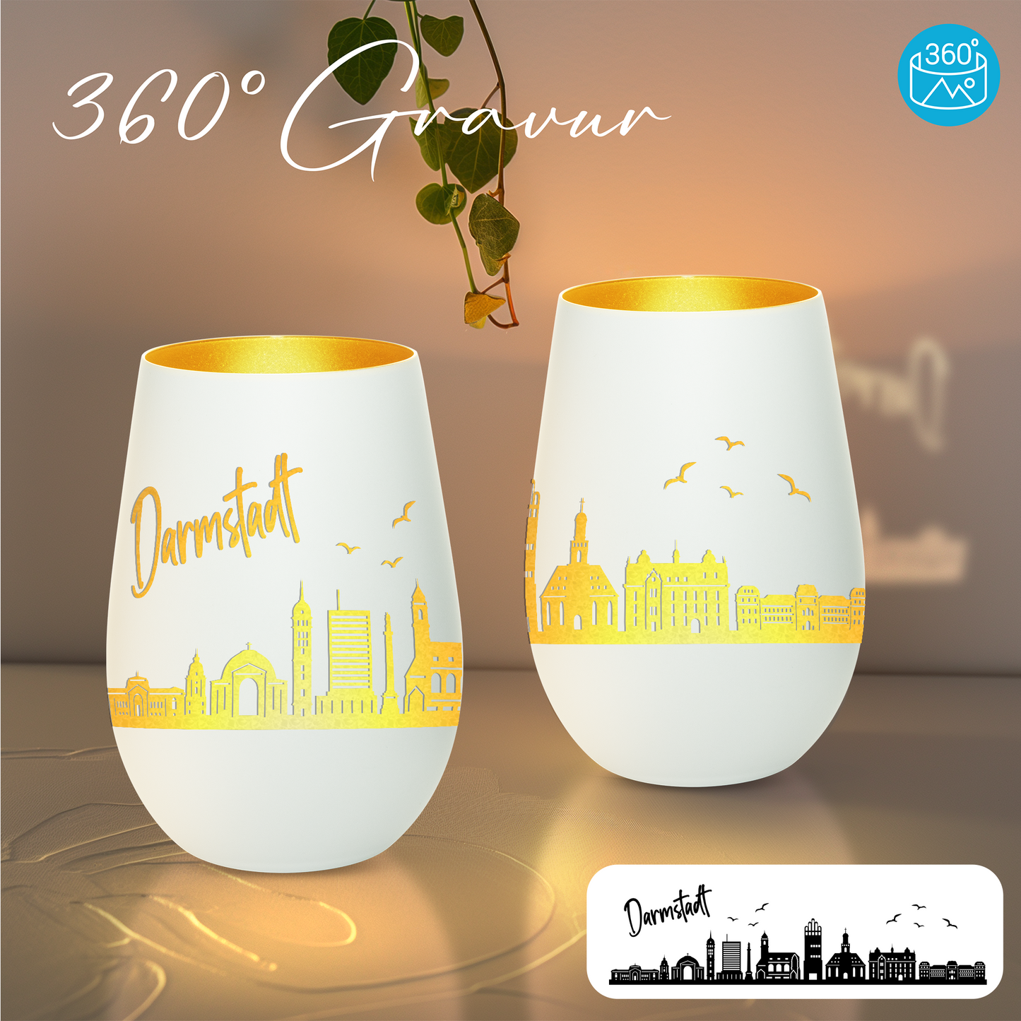 Hochwertiges Glas Windlicht mit Gravur "SKYLINE DARMSTADT" in der Farbe Weiß/Gold