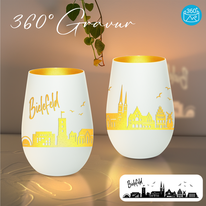 Hochwertiges Glas Windlicht mit Gravur "SKYLINE BIELEFELD" in der Farbe Weiß/Gold