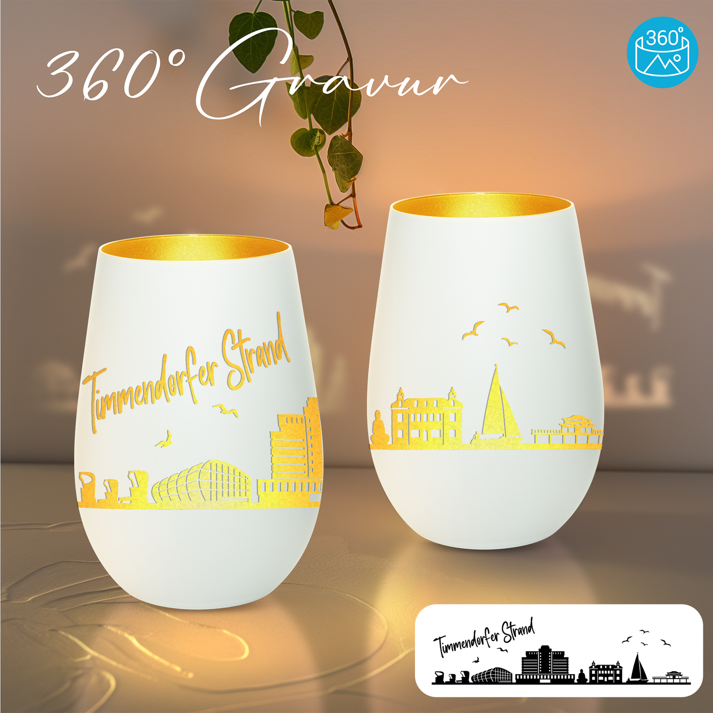 Hochwertiges Glas Windlicht mit Gravur "SKYLINE TIMMENDORFER STRAND" in der Farbe Weiß/Gold