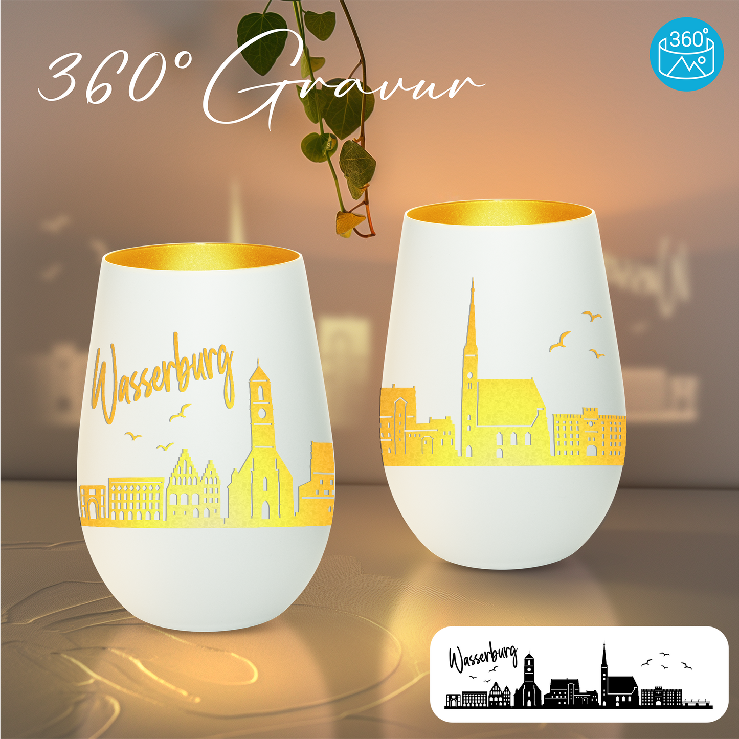 Hochwertiges Glas Windlicht mit Gravur "SKYLINE WASSERBURG" in der Farbe Weiß/Gold