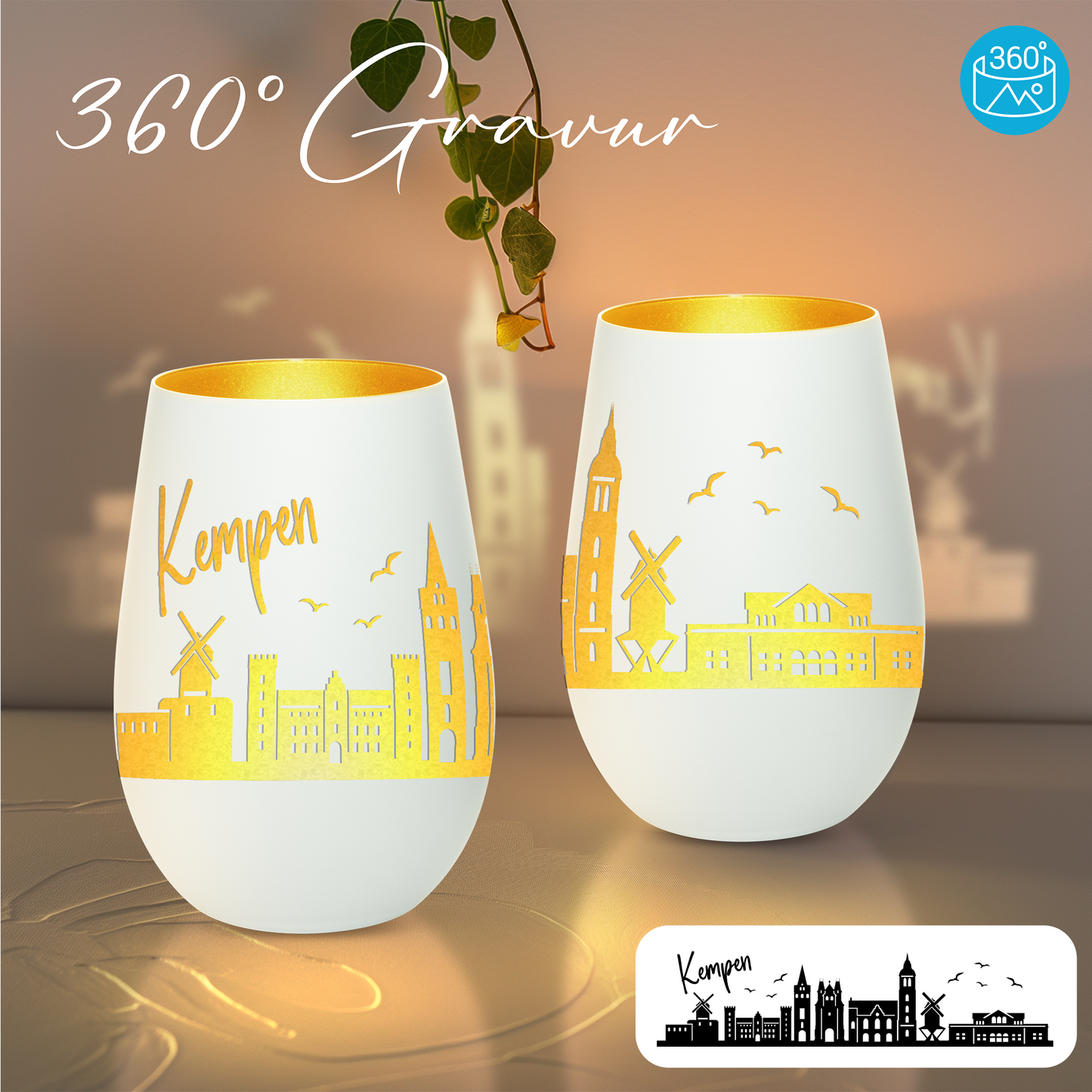 Hochwertiges Glas Windlicht mit Gravur "SKYLINE KEMPEN" in der Farbe Weiß/Gold