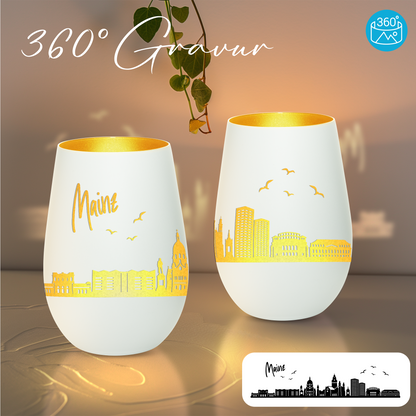 Hochwertiges Glas Windlicht mit Gravur "SKYLINE MAINZ" in der Farbe Weiß/Gold