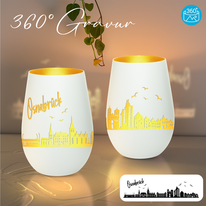 Hochwertiges Glas Windlicht mit Gravur "SKYLINE OSNABRÜCK" in der Farbe Weiß/Gold