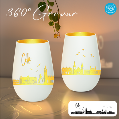 Hochwertiges Glas Windlicht mit Gravur "SKYLINE CELLE" in der Farbe Weiß/Gold