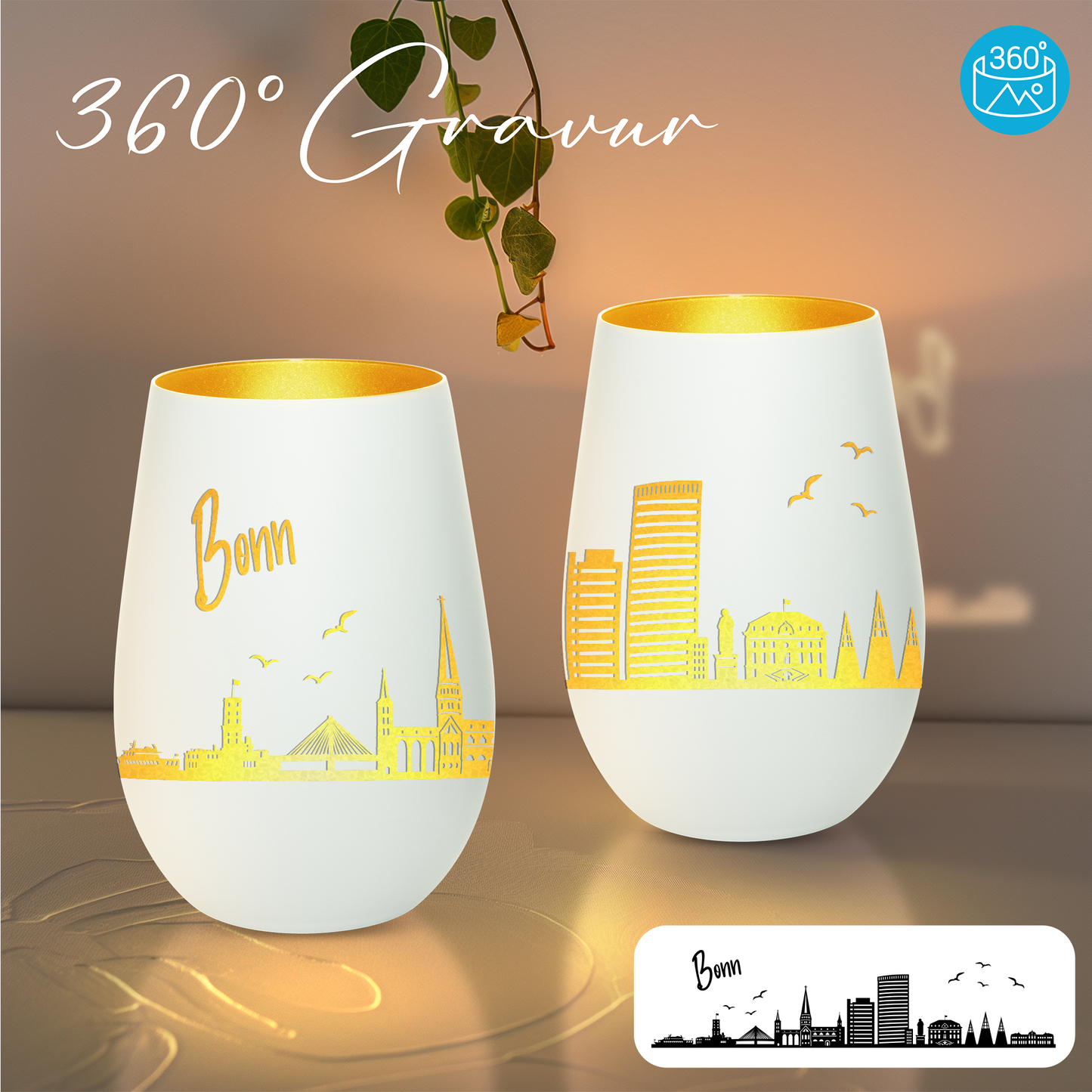Hochwertiges Glas Windlicht mit Gravur "SKYLINE BONN" in der Farbe Weiß/Gold