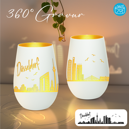 Hochwertiges Glas Windlicht mit Gravur "SKYLINE DÜSSELDORF" in der Farbe Weiß/Gold