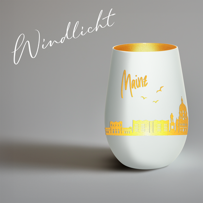 Hochwertiges Glas Windlicht mit Gravur "SKYLINE MAINZ" in der Farbe Weiß/Gold