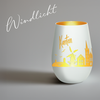 Hochwertiges Glas Windlicht mit Gravur "SKYLINE XANTEN" in der Farbe Weiß/Gold