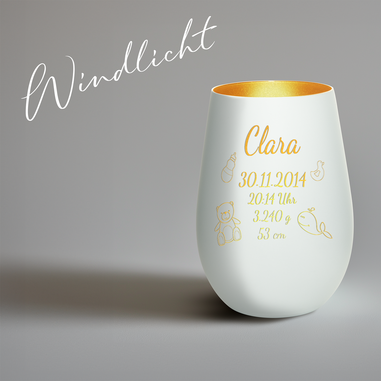 Hochwertiges Glas Windlicht mit Gravur "ZUR GEBURT" mit Wunschname und Datum in der Farbe Weiß/Gold