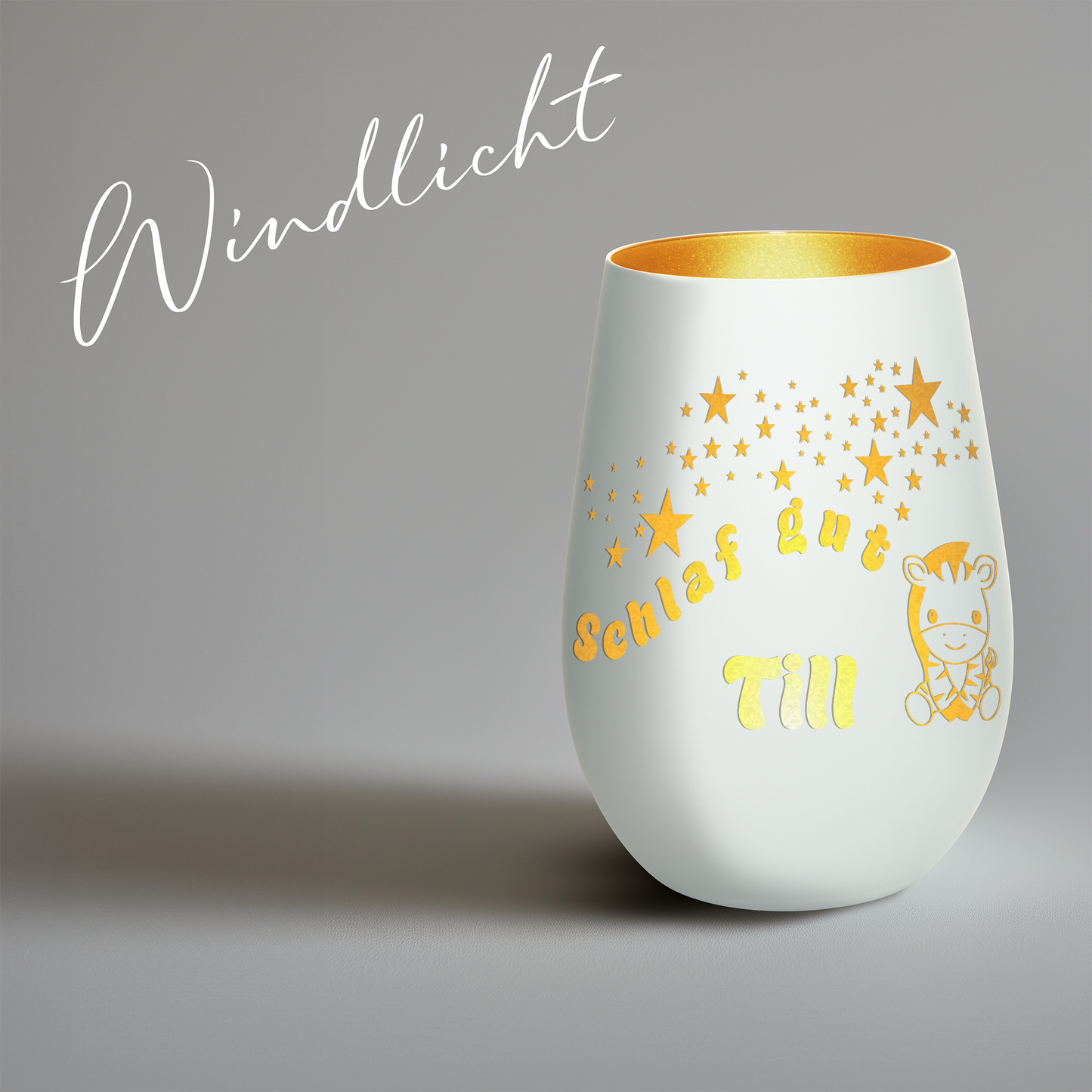 Hochwertiges Glas Windlicht für Kinder mit Gravur "SCHLAF GUT" Motiv Zebra mit Wunschname in der Farbe Weiß/Gold