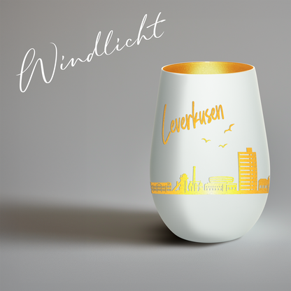 Hochwertiges Glas Windlicht mit Gravur "SKYLINE LEVERKUSEN" in der Farbe Weiß/Gold