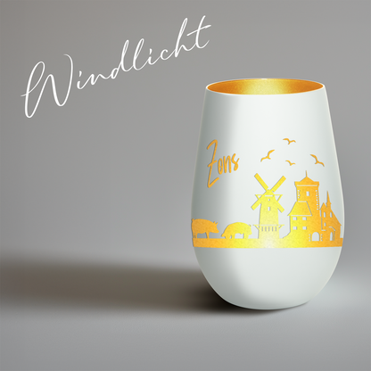Hochwertiges Glas Windlicht mit Gravur "SKYLINE ZONS (DORMAGEN)" in der Farbe Weiß/Gold