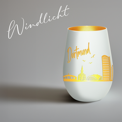 Hochwertiges Glas Windlicht mit Gravur "SKYLINE DORTMUND" in der Farbe Weiß/Gold