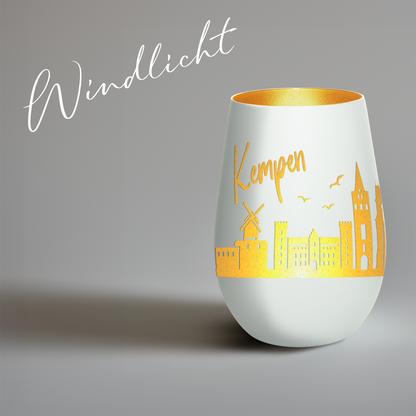 Hochwertiges Glas Windlicht mit Gravur "SKYLINE KEMPEN" in der Farbe Weiß/Gold