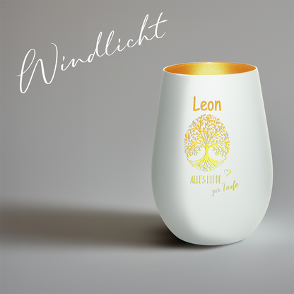 Hochwertiges Glas Windlicht mit Gravur "ALLES LIEBE ZUR TAUFE" mit Wunschname in der Farbe Weiß/Gold