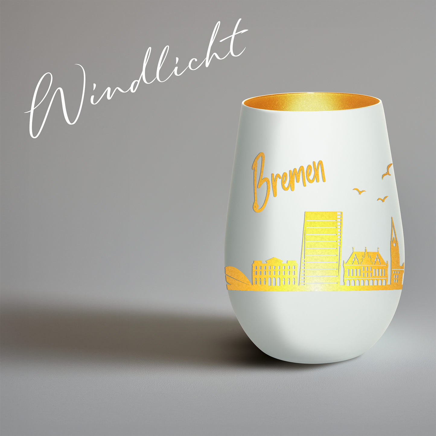 Hochwertiges Glas Windlicht mit Gravur "SKYLINE BREMEN" in der Farbe Weiß/Gold