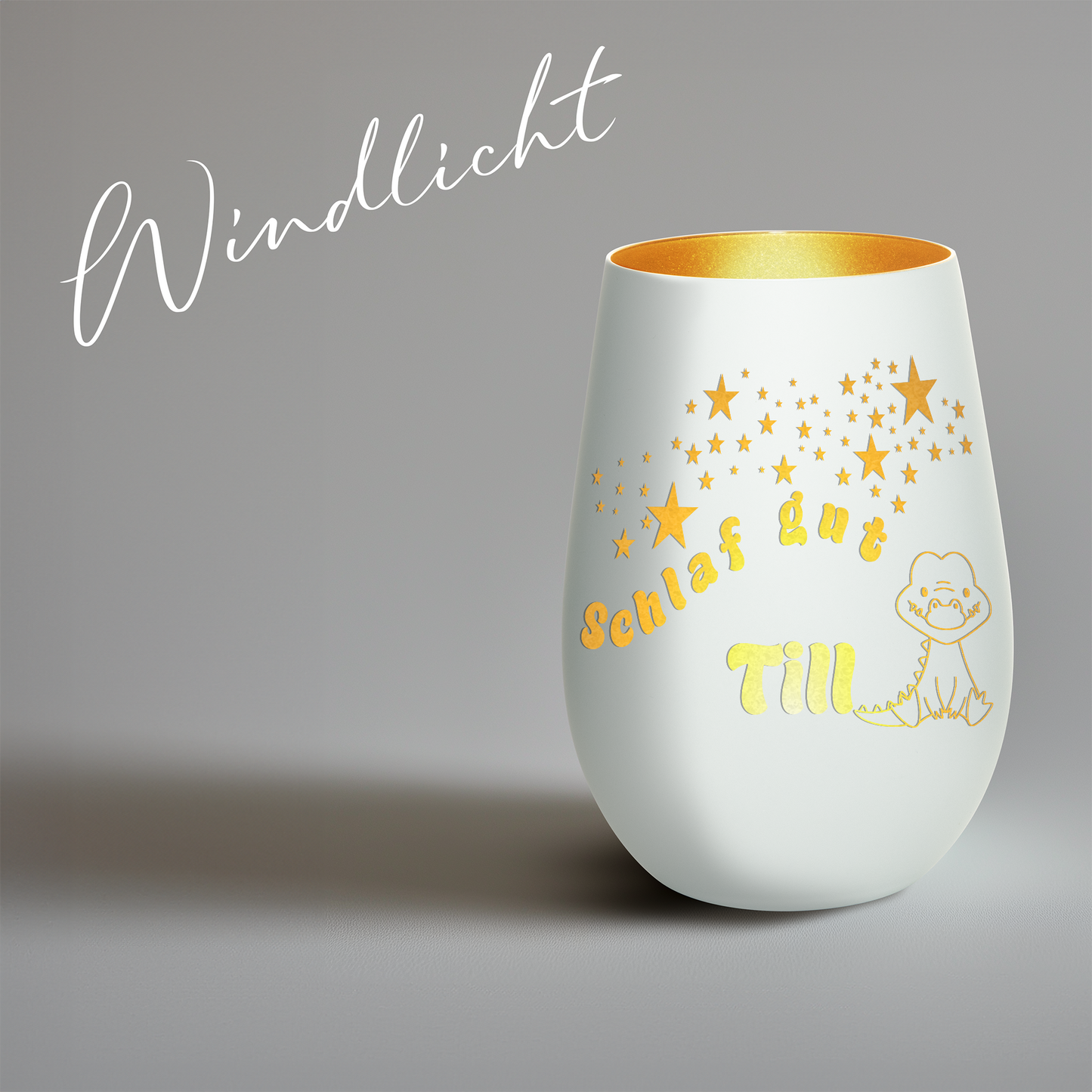 Hochwertiges Glas Windlicht für Kinder mit Gravur "SCHLAF GUT" Motiv Krokodil mit Wunschname in der Farbe Weiß/Gold