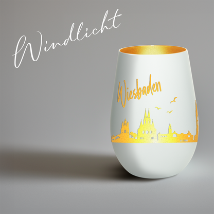 Hochwertiges Glas Windlicht mit Gravur "SKYLINE WIESBADEN" in der Farbe Weiß/Gold