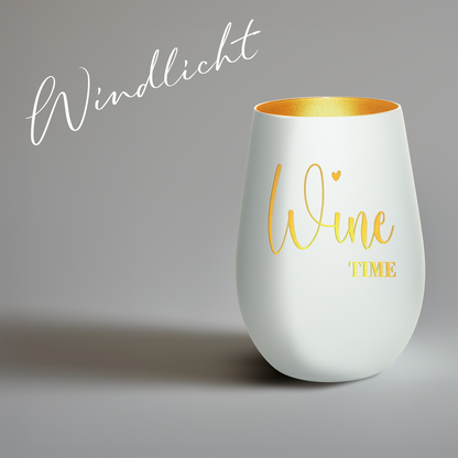 Hochwertiges Glas Windlicht mit Gravur "WINE TIME" in der Farbe Weiß/Gold