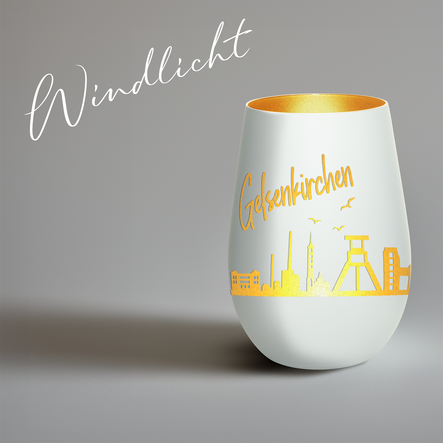 Hochwertiges Glas Windlicht mit Gravur "SKYLINE GELSENKIRCHEN" in der Farbe Weiß/Gold