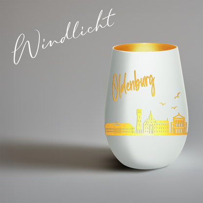 Hochwertiges Glas Windlicht mit Gravur "SKYLINE OLDENBURG" in der Farbe Weiß/Gold