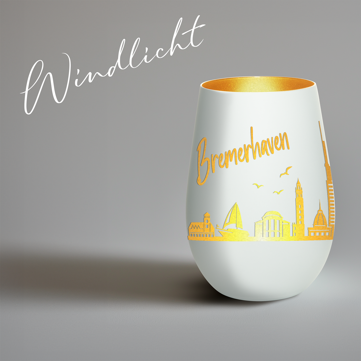 Hochwertiges Glas Windlicht mit Gravur "SKYLINE BREMERHAVEN" in der Farbe Weiß/Gold
