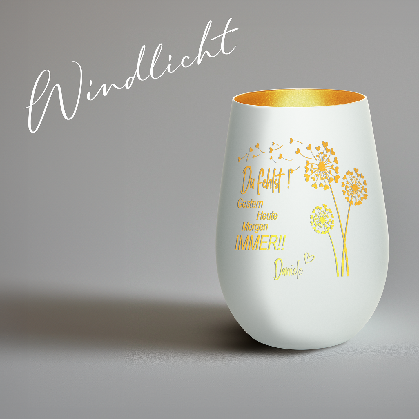 Hochwertiges Glas Windlicht mit Gravur als Trauerlicht "DU FEHLST! GESTERN HEUTE MORGEN IMMER" mit Wunschname in der Farbe Weiß/Gold