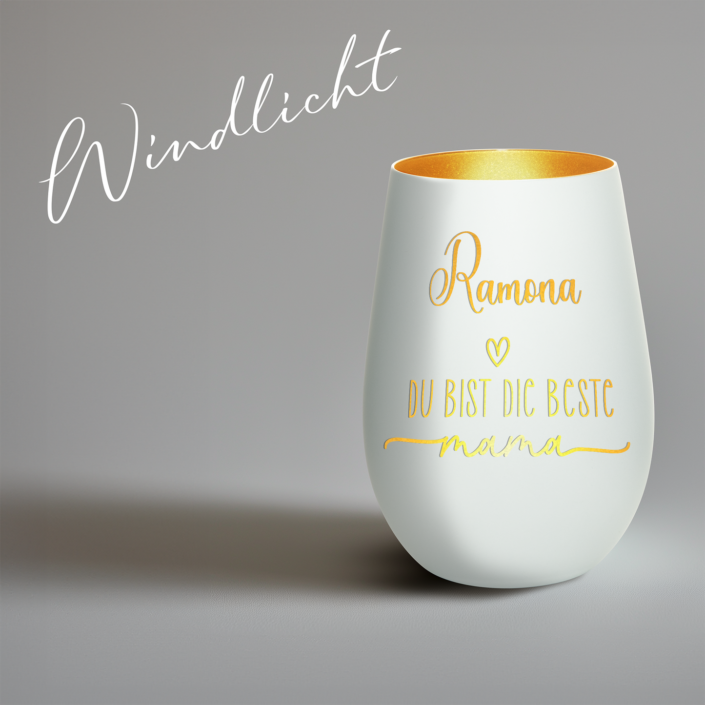 Hochwertiges Glas Windlicht mit Gravur "DIE BESTE MAMA" mit Wunschname in der Farbe Weiß/Gold