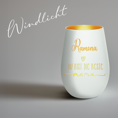 Hochwertiges Glas Windlicht mit Gravur "DIE BESTE MAMA" mit Wunschname in der Farbe Weiß/Gold