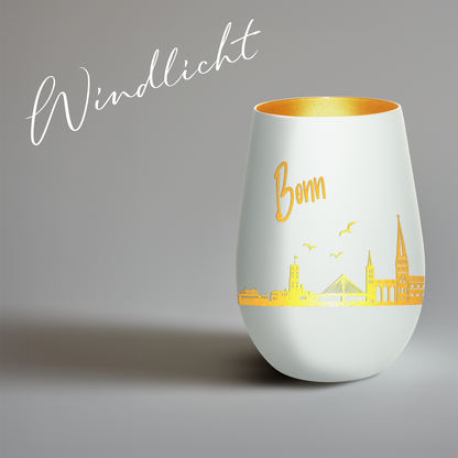 Hochwertiges Glas Windlicht mit Gravur "SKYLINE BONN" in der Farbe Weiß/Gold