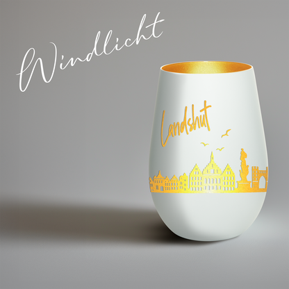 Hochwertiges Glas Windlicht mit Gravur "SKYLINE LANDSHUT" in der Farbe Weiß/Gold
