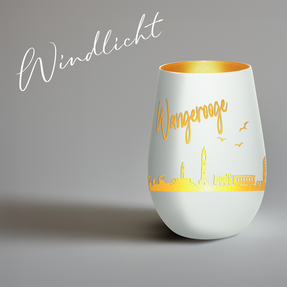 Hochwertiges Glas Windlicht mit Gravur "SKYLINE WANGEROOGE" in der Farbe Weiß/Gold