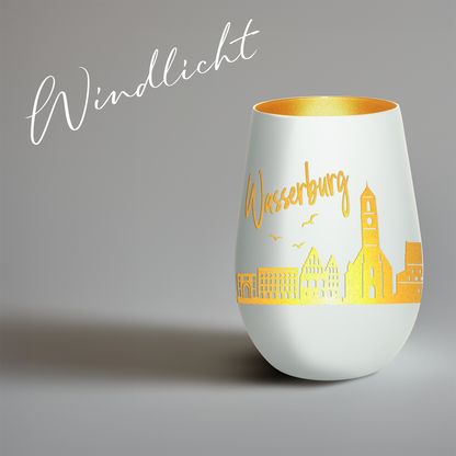 Hochwertiges Glas Windlicht mit Gravur "SKYLINE WASSERBURG" in der Farbe Weiß/Gold