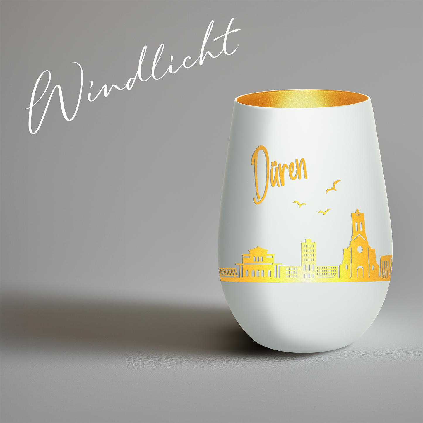Hochwertiges Glas Windlicht mit Gravur "SKYLINE DÜREN" in der Farbe Weiß/Gold
