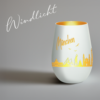 Hochwertiges Glas Windlicht mit Gravur "SKYLINE MÜNCHEN" in der Farbe Weiß/Gold