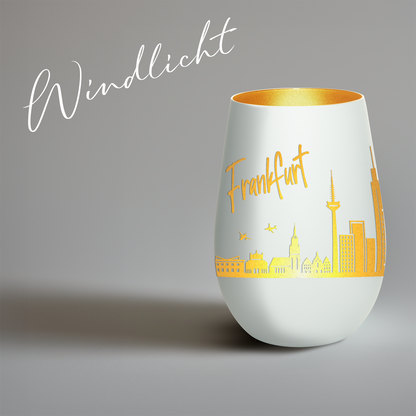 Hochwertiges Glas Windlicht mit Gravur "SKYLINE FRANKFURT" in der Farbe Weiß/Gold