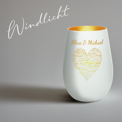 Hochwertiges Glas Windlicht mit Gravur "I LOVE YOU" mit Wunschnamen in der Farbe Weiß/Gold