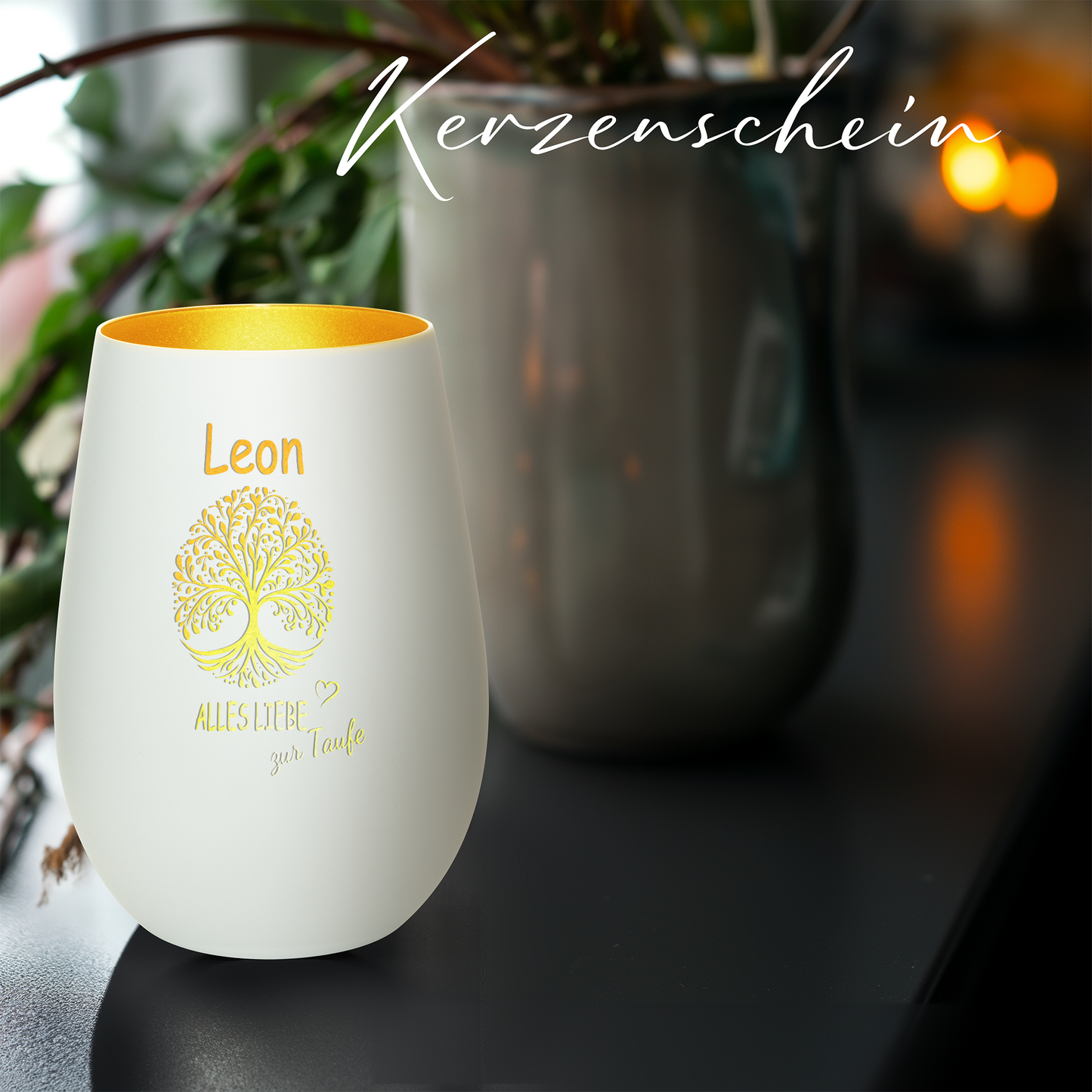 Hochwertiges Glas Windlicht mit Gravur "ALLES LIEBE ZUR TAUFE" mit Wunschname in der Farbe Weiß/Gold