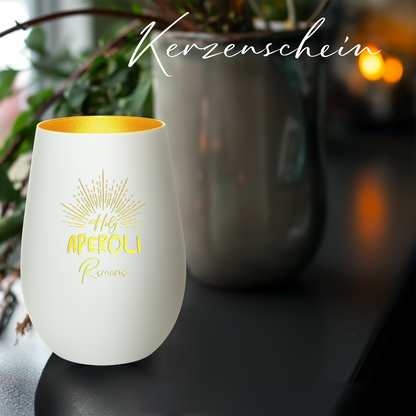 Hochwertiges Glas Windlicht mit Gravur "HOLY APEROLI" mit Wunschname in der Farbe Weiß/Gold